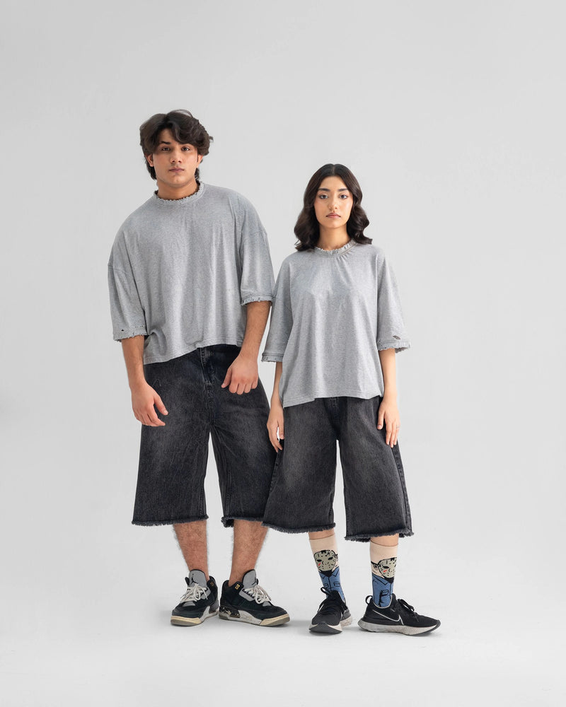 APEX Distressed Cropped Oversized Tee — Grey — Combo