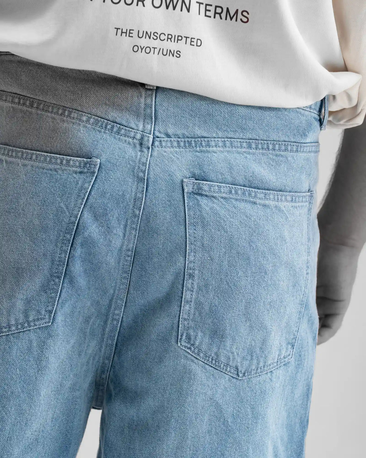 Baggy Jorts — Blue Denim — Garment close