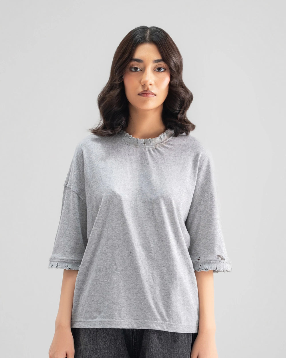 APEX Distressed Cropped Oversized Tee — Grey — Girl
