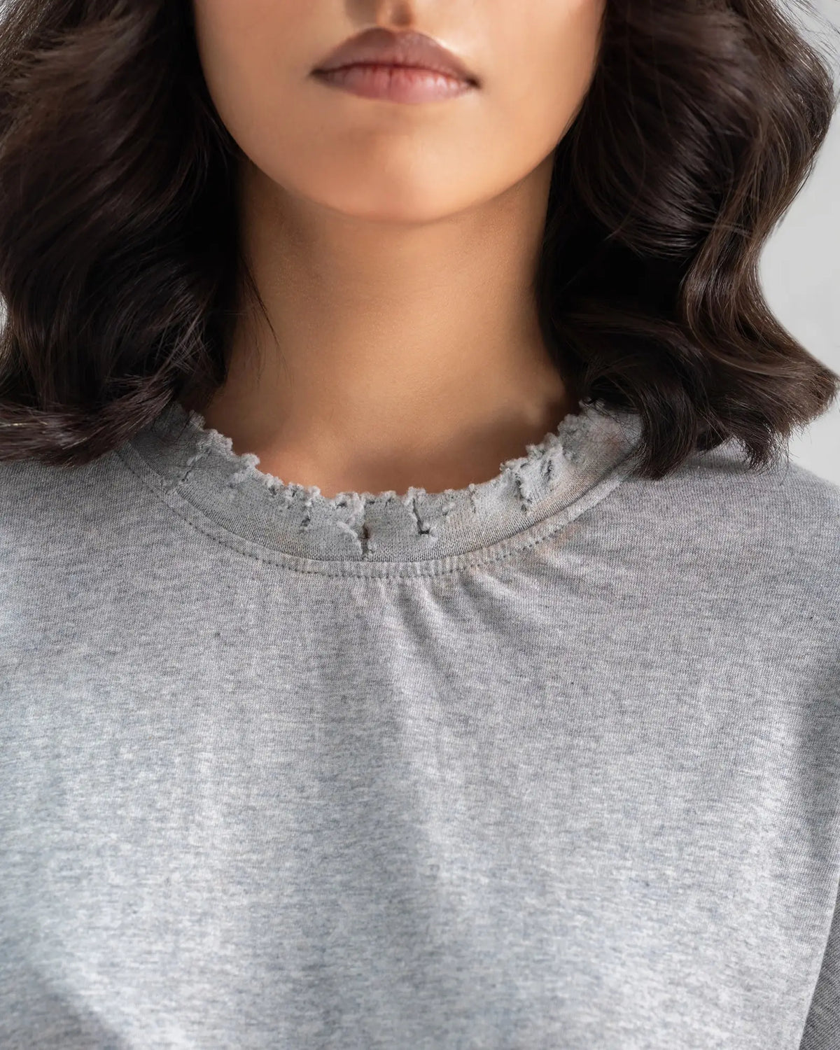 APEX Distressed Cropped Oversized Tee — Grey — Garment close