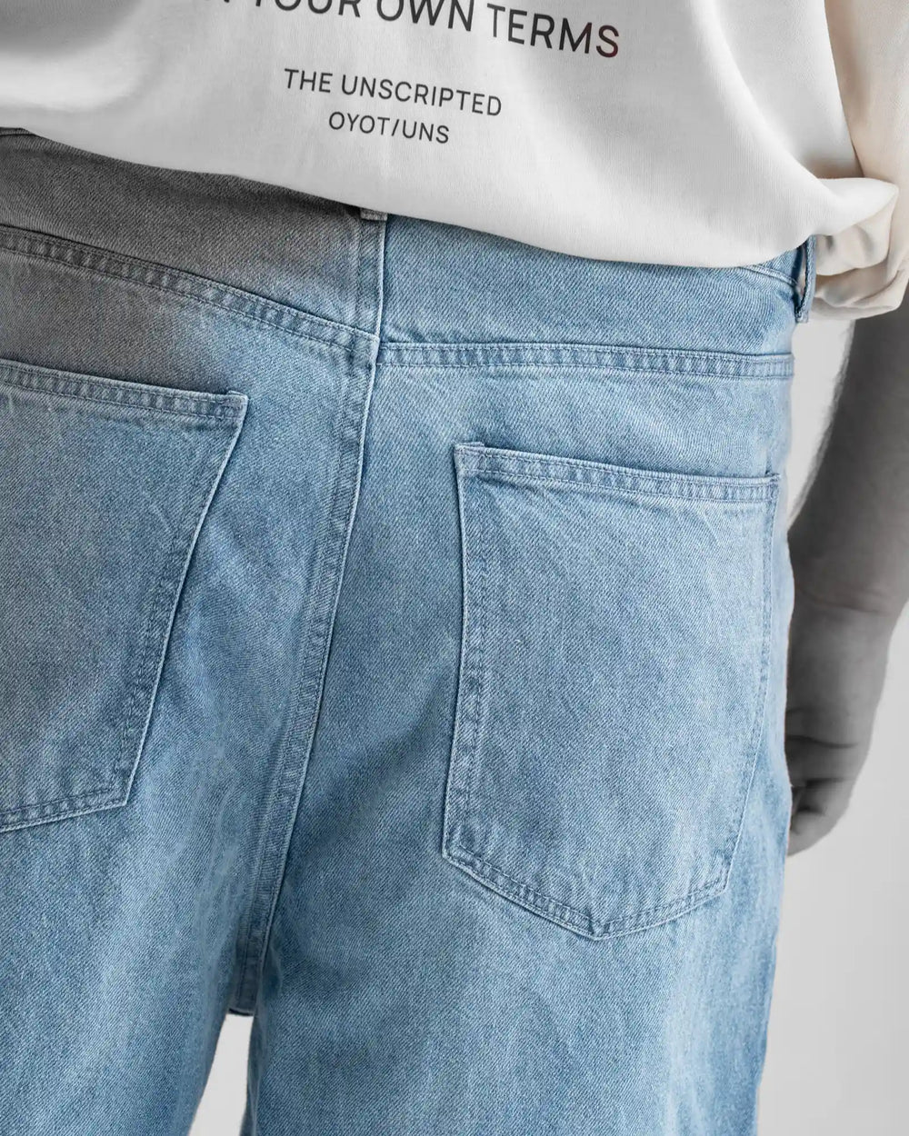 Baggy Jorts — Blue Denim — Garment close