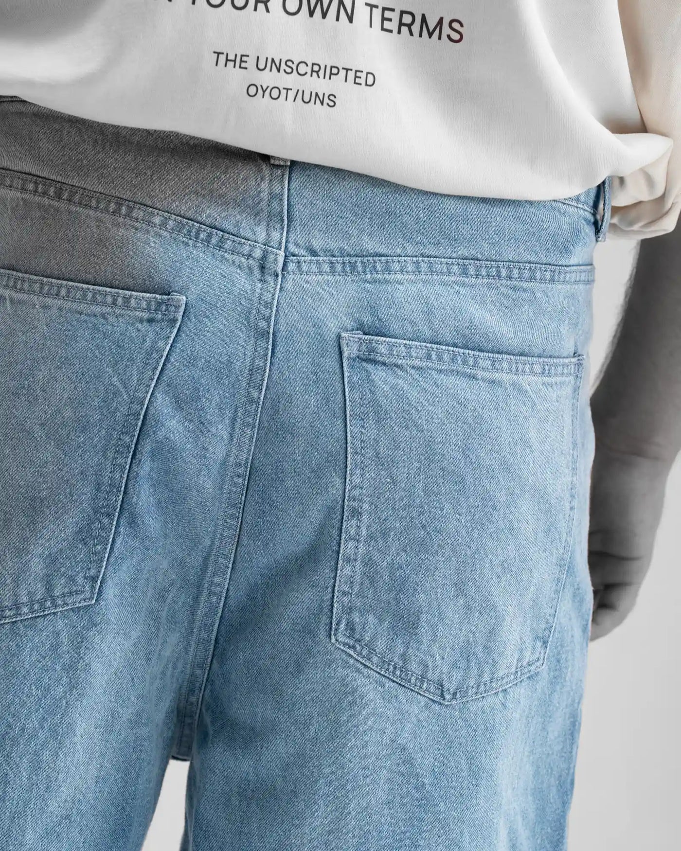 Baggy Jorts — Blue Denim — Garment close