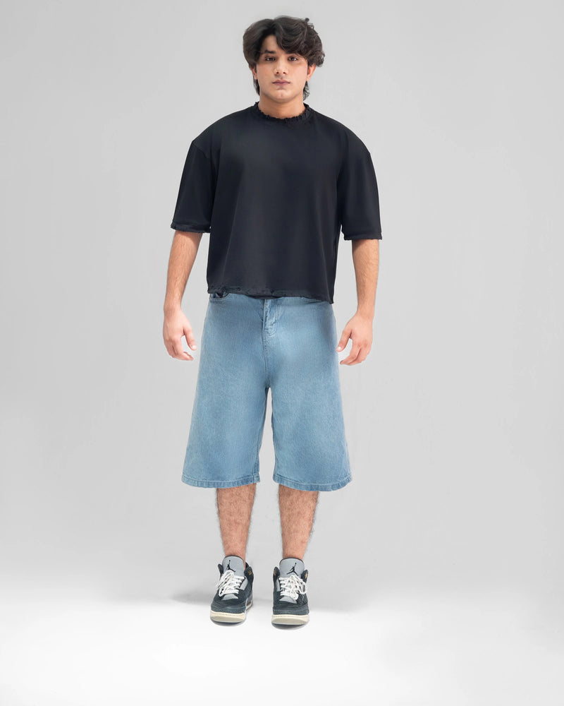 NSS Distressed Cropped Oversized Tee — Black — Boy