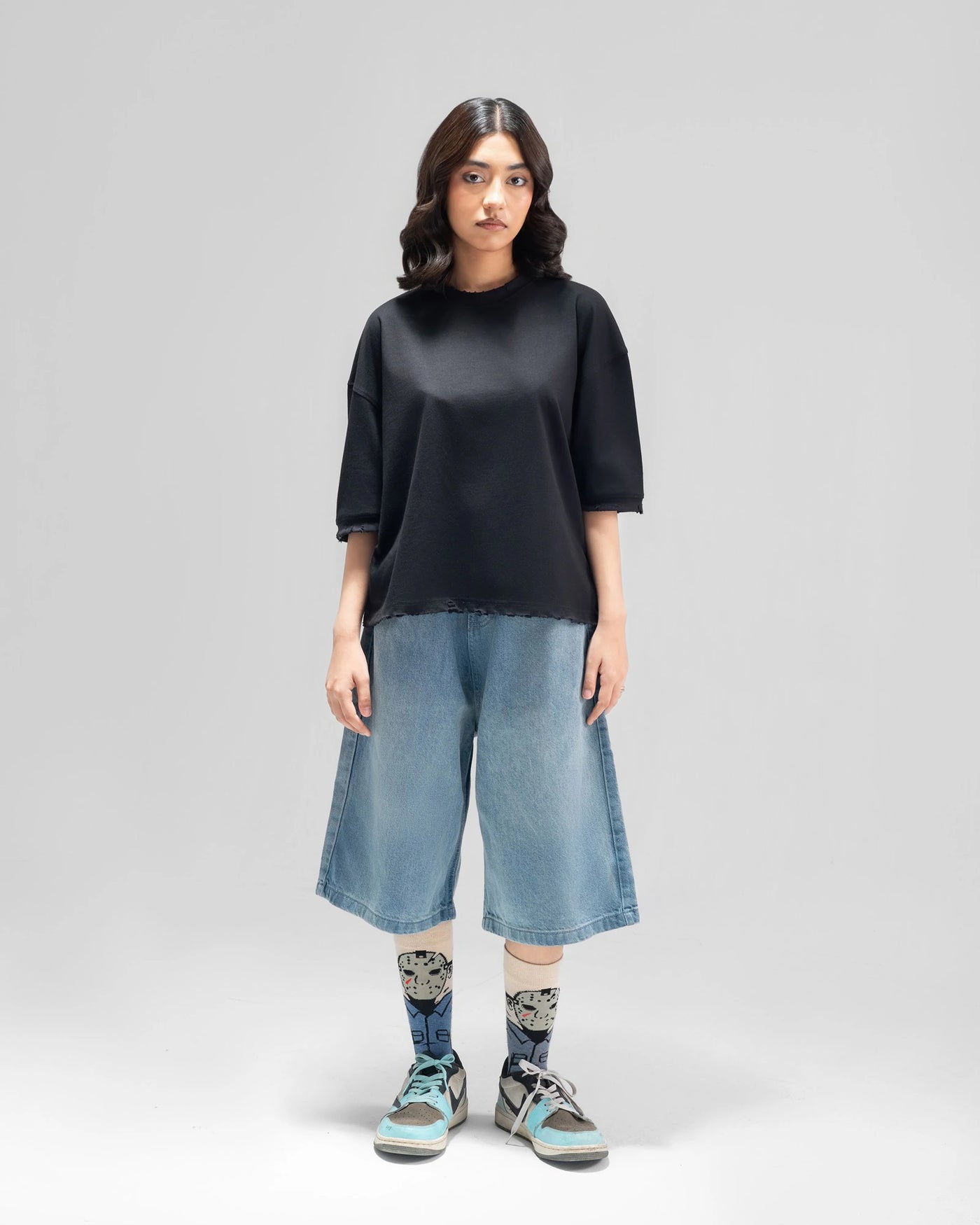 NSS Distressed Cropped Oversized Tee — Black — Girl