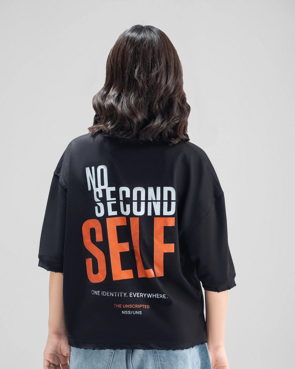 NSS Distressed Cropped Oversized Tee — Black — Garment close