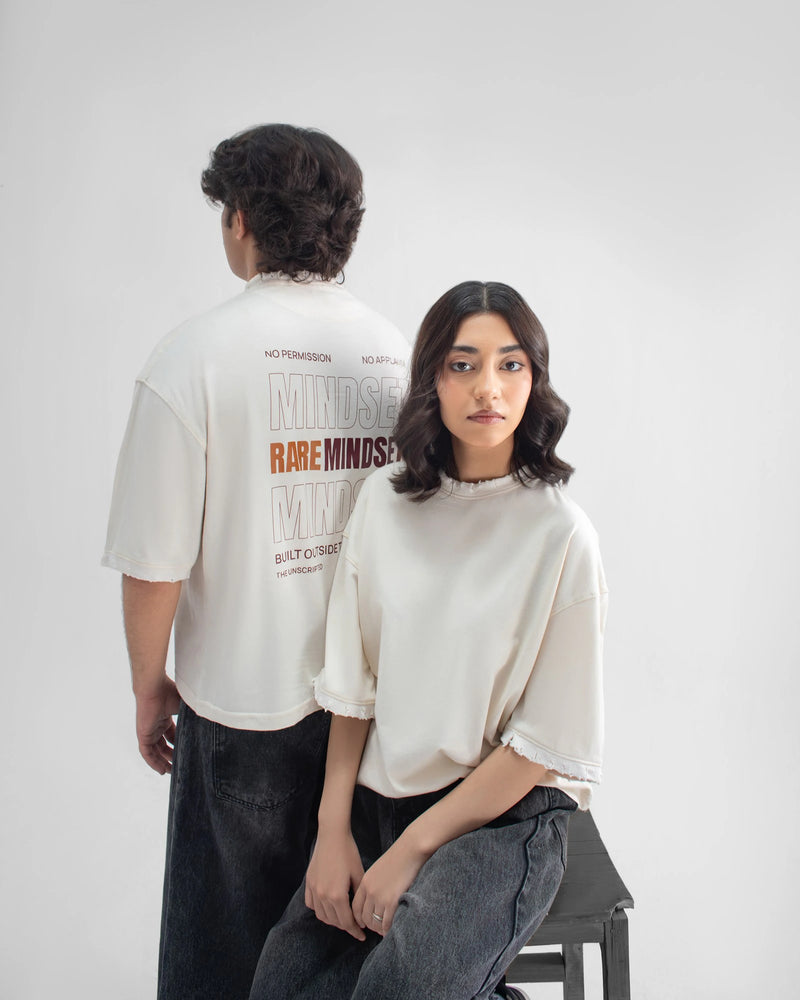 Rare Mindset Distressed Cropped Oversized Tee — Cream — Combo