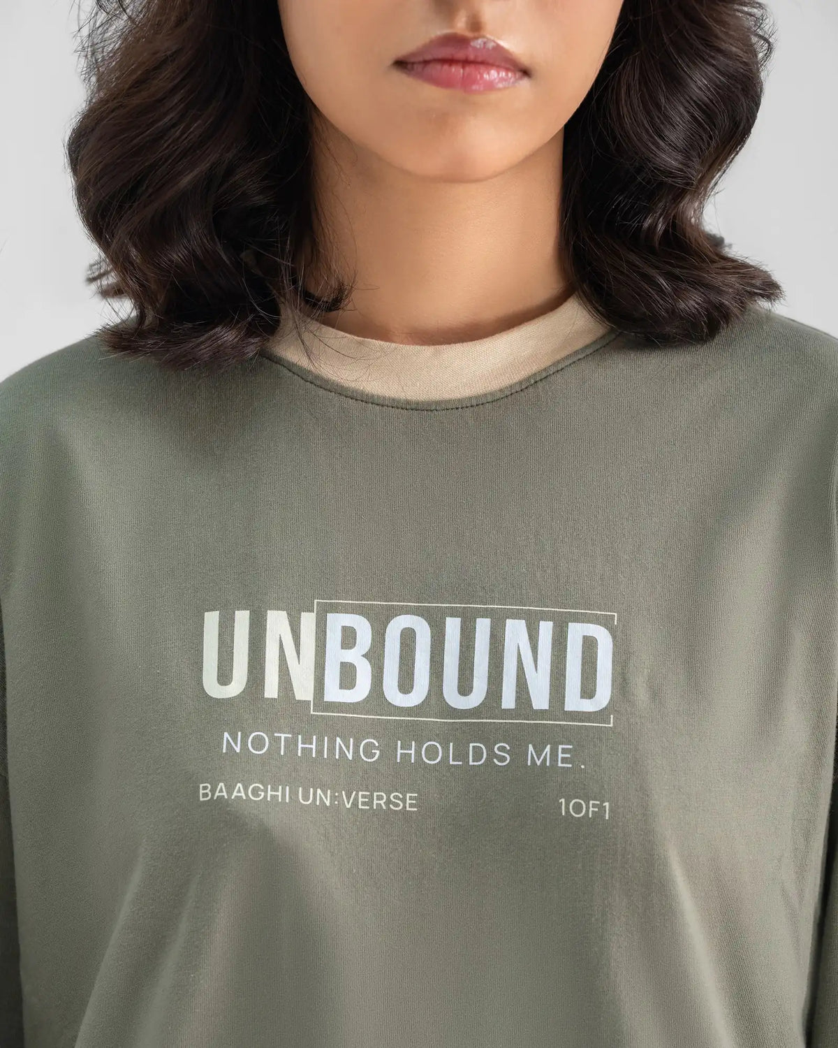 UNBOUND Oversized Tee — Olive — Garment close